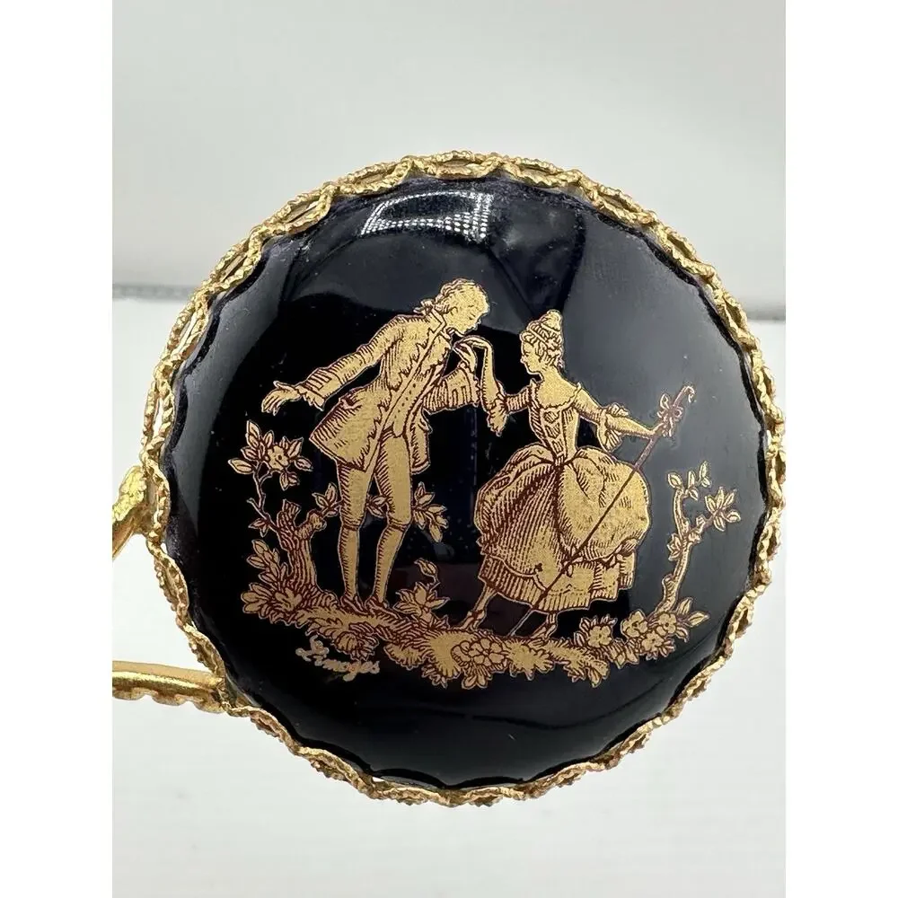 Mini Limoges France Colbalt Blue Hand Mirror Courting Couple Gilded Metal 4.75